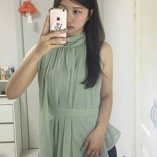Shirred Ribbon Backless A-Line Sleeveless Blouse