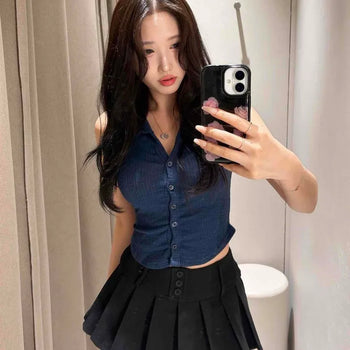 Button Pintuck Pleated Flare Regular Fit Mini Skirt