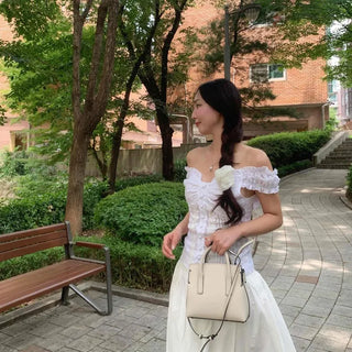 Off-shoulder Frill Shirred Flower Pintuck Sleeveless