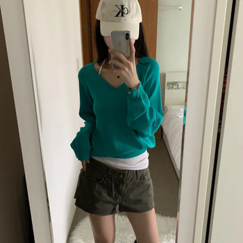 [Sal-Ant-Must-Have/Delicate~] Cool Basic V-Neck Summer Long-Sleeve Knit