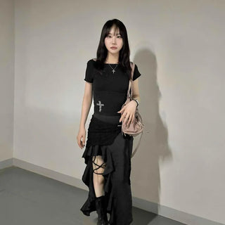 Frill Zipper String Slit Long Skirt