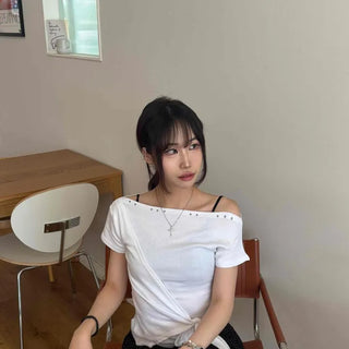 String Off-Shoulder Wrap Loose Fit Short Sleeve T-shirt