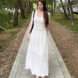 Frill Shirred A-Line Loose Fit Daily Long Skirt