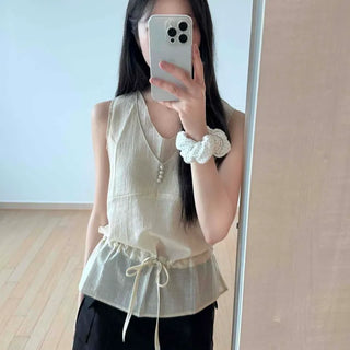 String Button Plain Sleeveless Loose Fit Blouse