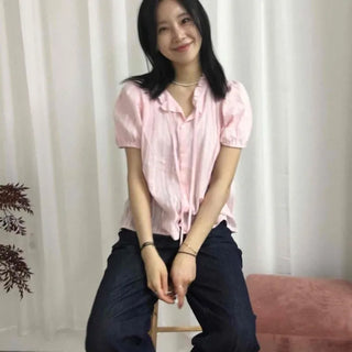 Shirred Button-Down Plain Short Sleeve Loose Fit Blouse