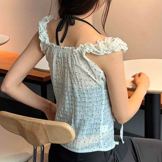 Frill Shirring Ribbon Dot Strap Sleeveless