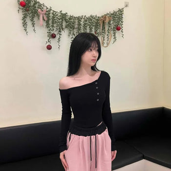 Slim Fit Plain Button Long Sleeve Daily T-shirt