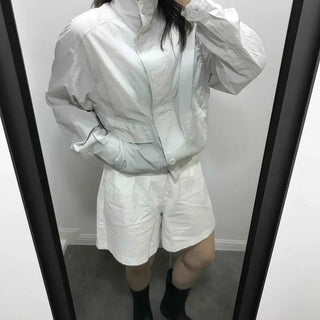 Shirred Zipper Zip-Up Oversized Long Sleeve Windbreaker