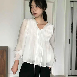 Frill Shirred Pintuck A-Line Long Sleeve Blouse