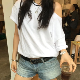 One-shoulder short-sleeve sweatshirt / Loose fit / Off-shoulder short sleeve / Summer short sleeve / Casual look