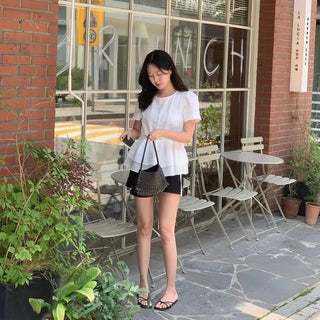Zenier Frill String Tiered Puff Short Sleeve Blouse