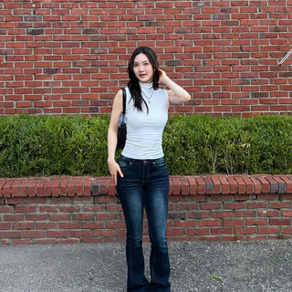 Washed Zipper Button Flare Bootcut Long Pants