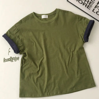 Effortless Chic, Roll-up Sleeve Contrast Round Neck Loose Fit Short Sleeve T-shirt
