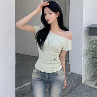 Feminine Mood, One-off Shoulder Side Shirring Slim Delicate Fit Short Sleeve T-shirt