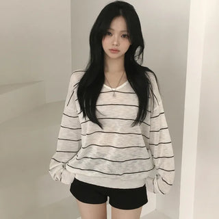 Guaranteed Beauty, Salanta Striped See-through V-Neck Delicate Loose Avant-garde Fit Summer Long Sleeve Knit