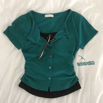 Effortless Chic, Ribbed Embroidered One-piece Layered Side Shirring Cinched Delicate Slim Fit Short Sleeve Cardigan
