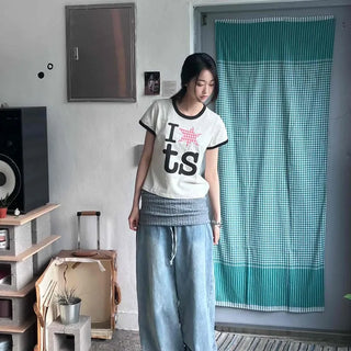 Knit Folding Layered Elastic Washed Denim Pants