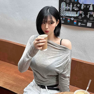 Wide Boat Neck Shirred Off-Shoulder Long Sleeve T-Shirt