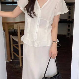 V-neck Lace Frill Short Sleeve Blouse