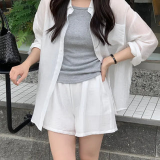 Summer See-through Shirt + Elastic Waist Shorts Two-Piece Set