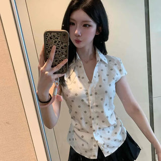 Pore Polka Dot Cap Sleeve Shirred Summer Collar Blouse
