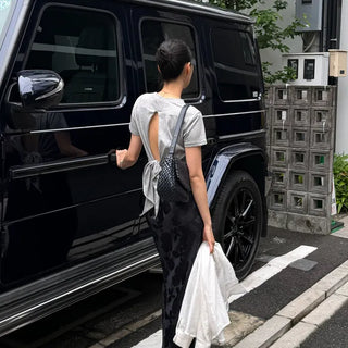 26 FUKUOKA Jacquard Flower Long Satin Skirt