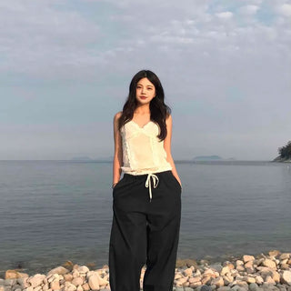 Loose Fit Drawstring Color Block Wide Daily Long Pants