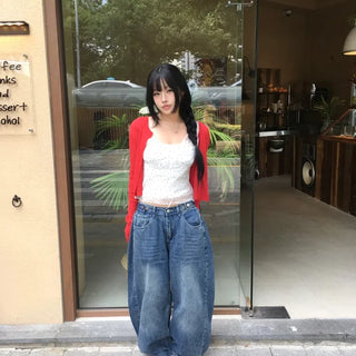 Side Tab Back Pocket Pintuck Denim Wide Pants