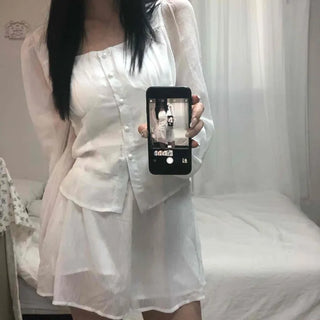 Laurent Button-Up Blouse + Elastic Skirt-Pants Two-Piece Set