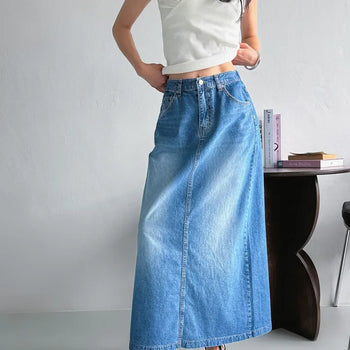 Washed Denim Long Skirt