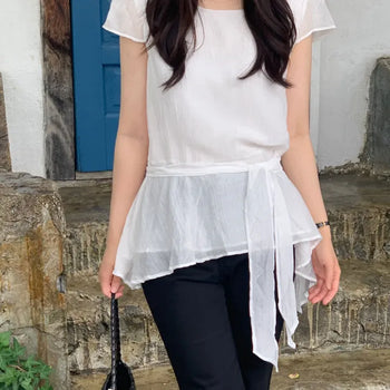 Waist Strap Short Sleeve Wrap Blouse