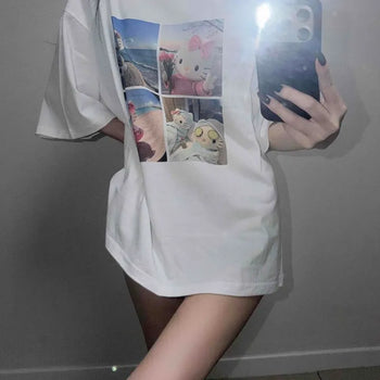 Kitty Print Oversized Short Sleeve T-shirt