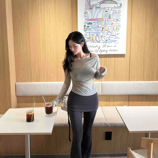 Marroni Shirred Off-Shoulder Long Sleeve T-Shirt