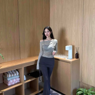 Toffee Shirred Layered Wrap Flare Long Pants
