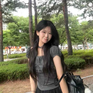 Shirred String Dot Short Sleeve Blouse