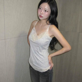 Gray Color Block Lace Long Sleeveless Top