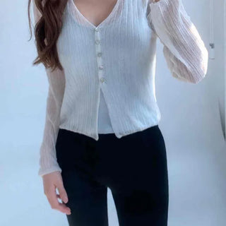 Leuya Button See-through Slim Fit Long Sleeve Daily Cardigan