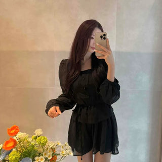 Love You Button Blouse + Elastic Skirt-Pants Two-Piece Set