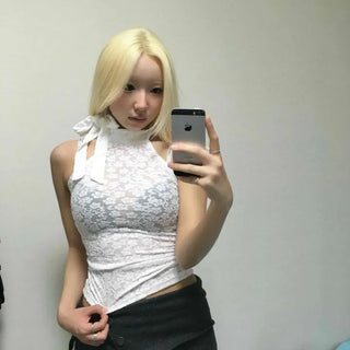 Flower Lace Tie Halterneck Top