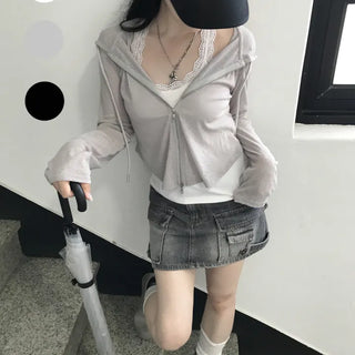 Dahlia Innocent Hip See-through Crop Zip-up Hoodie (3 colors)
