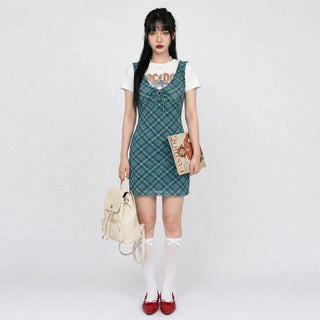 Evergreen Check Ribbon Mini Dress