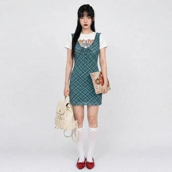 Evergreen Check Ribbon Mini Dress