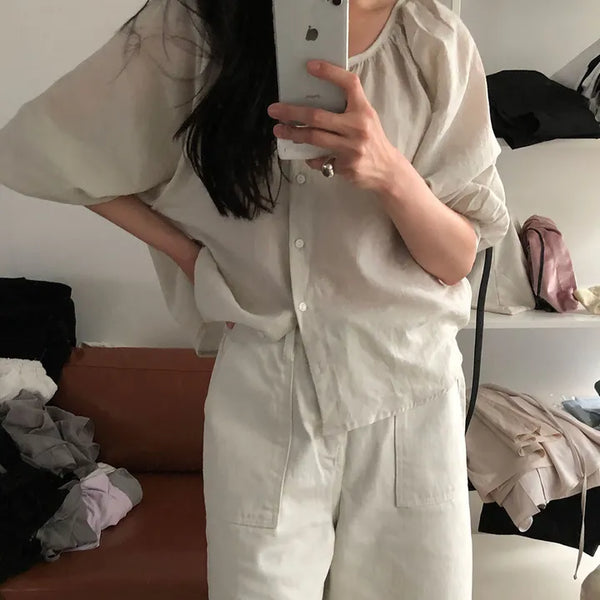 Smooth Women's 3/4 Loose Fit Linen Summer Blouse