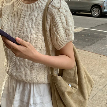 Trie Cable Knit Wool Short Sleeve Round Neck Knit