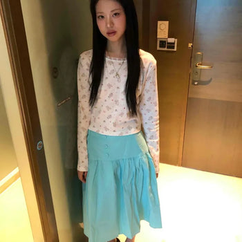 River Button Pintuck Shirred Midi Skirt