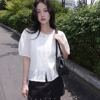 Himeld Pintuck Puff Short Sleeve Blouse