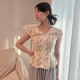 French Lace Flower Puff Blouse