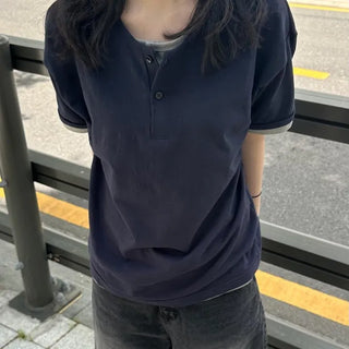 [UNISEX] Double Layered Henley Neck Short Sleeve Tee