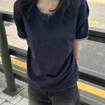 [UNISEX] Double Layered Henley Neck Short Sleeve Tee