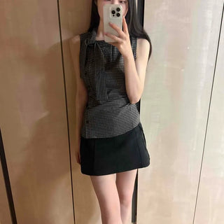 Side Button Tie Check Sleeveless Blouse